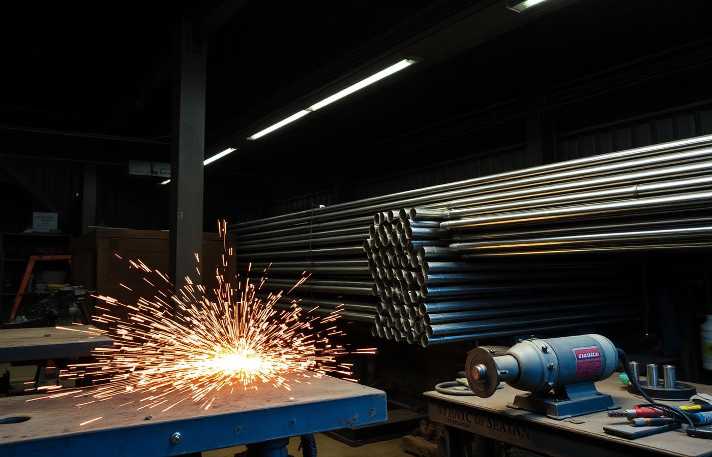 Fabrication workshop with stacked stainless steel pipes and grinding sparks